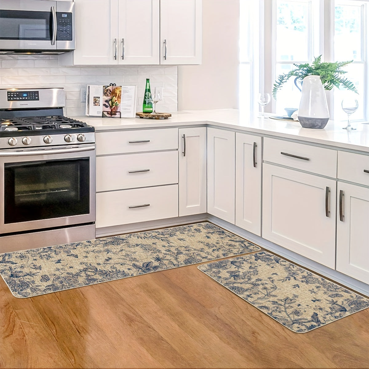 2pcs/set Sm:)e Flower Bird Leaves Kitchen Mats, Home Decor Low-Profile Kitchen Rugs For Floor - 17x29 Inches And 17x47 Inches