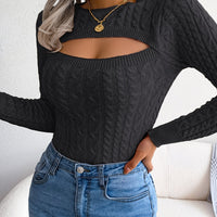 Long Sleeve High Stretch Acrylic Blend Women's Sexy Hollow-Out Knit Pullover Sweater, Skinny Fit, Solid Color, Spring/Fall Fashion Top, Crew Neck, Polyester 28%, Polyamide 22%, Viscose 28%