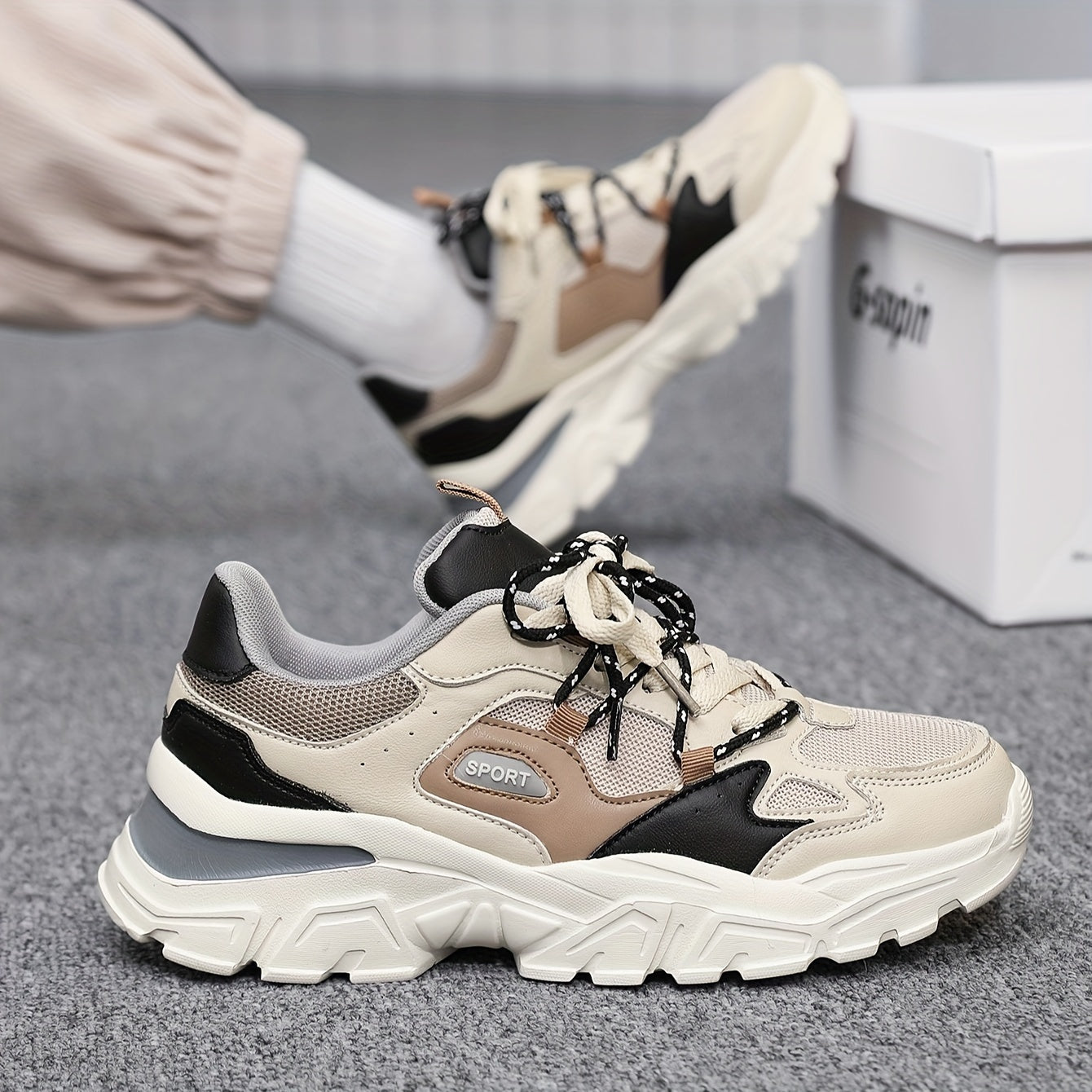 Men's Knit Breathable Chunky Shoes, Casual Lace Up Comfy Soft Sole Sneakers For Outdoor Activities, Spring And Summer, men's footwear