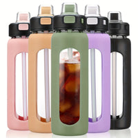 MUKOKO 24oz Glass Water Bottle With Straw, Motivational Water Bottles With Time Marker And Silicone Sleeve, Glass Bottle With Locking Lid And Carry Loop