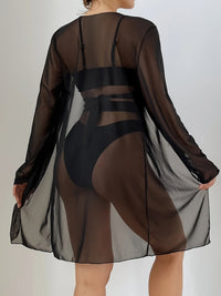 3-Pieces V Neck Bikini Sets, Criss Cross Strap High Cut With Cover Up Shirt Long Sleeves Bathing Suit, Women's Swimwear & Clothing