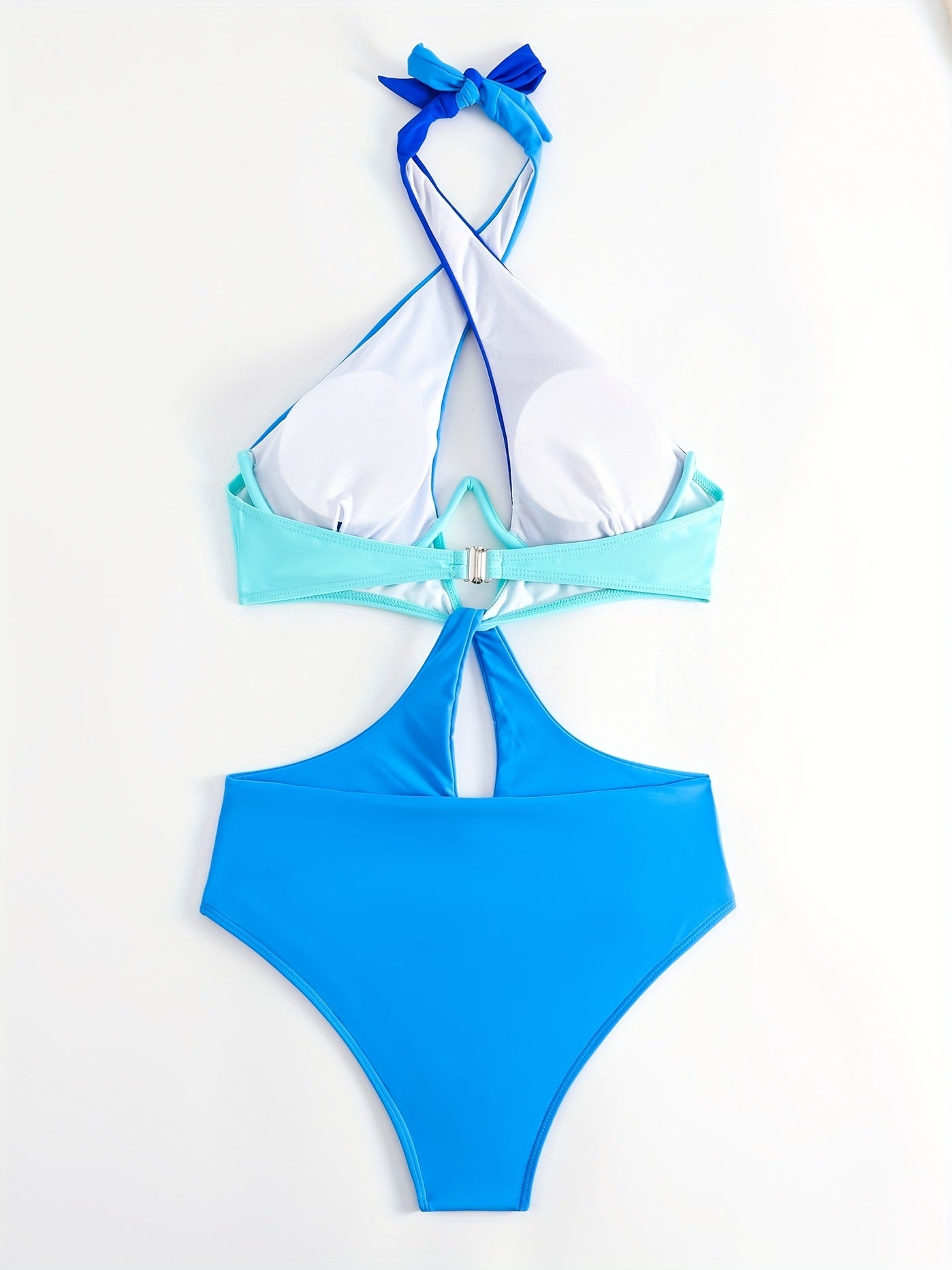 Colorblock Halter Neck One Piece Swimsuit, Cut Out Backless High Cut Bathing Suit, Women's Swimwear & Clothing