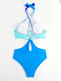 Colorblock Halter Neck One Piece Swimsuit, Cut Out Backless High Cut Bathing Suit, Women's Swimwear & Clothing