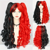 Ponytail Wig Synthetic Long Black And White Color Blocking White Blue Red Colored Curly Cosplay Wig With Double Ponytails For Black Friday Halloween Christmas Thanksgiving Day For Music Festival