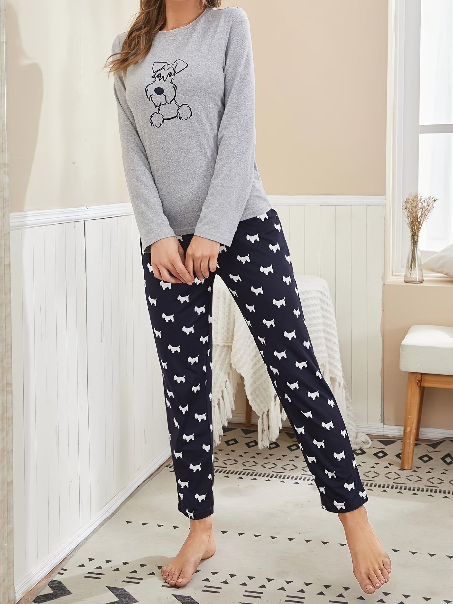 Long Sleeve Cartoon Dog Print Pajama Set, Women's Crew Neck Top & Elastic Waistband Pants Sleepwear & Loungewear