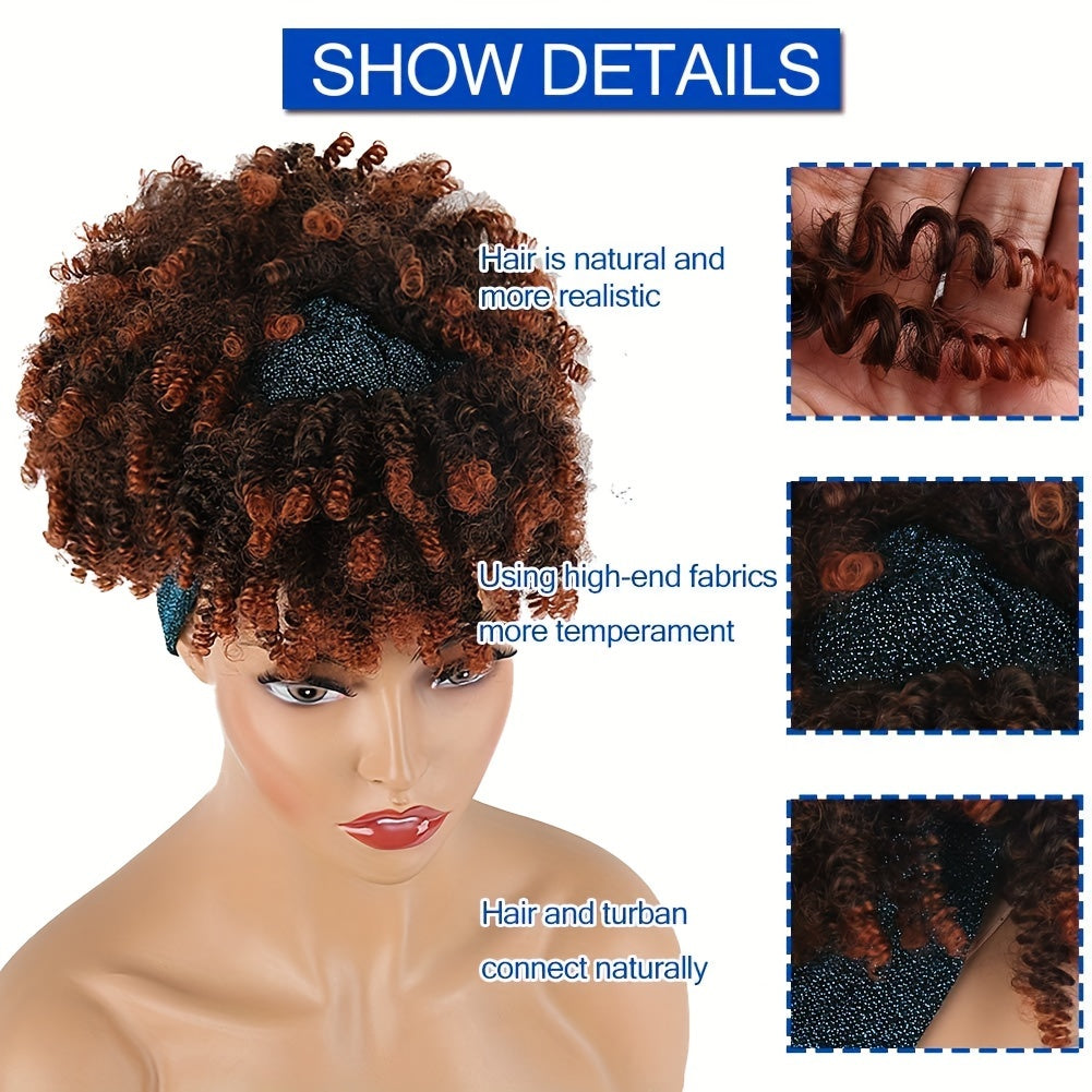 Headband Wigs For Women, Synthetic Short Afro Kinky Curly Wigs Dark Brown Wig With Bangs Wrap Wigs 2 In 1 Turban Wig Drawstring High Puff Wigs Headwrap Wigs With Headband Attached Updo Music Festival
