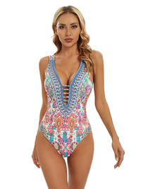Vibrant Floral Print One Piece Swimsuit - Deep V Neck, Crisscross Back, Stretchy, Hollow Out Design, Vintage Elegant Style - Women's Swimwear, Bathing Suit for Summer Vacation