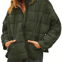 Zip Up Solid Coat, Casual Long Sleeve Winter Warm Versatile Outerwear, Women's Clothing