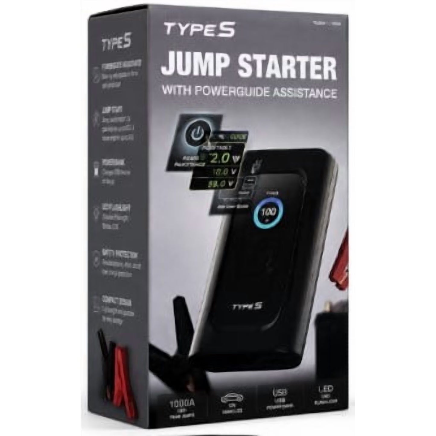 Type S Portable Jump Starter with PowerGuide Assistance, 1000 Peak Amps, USB Power Bank, Black