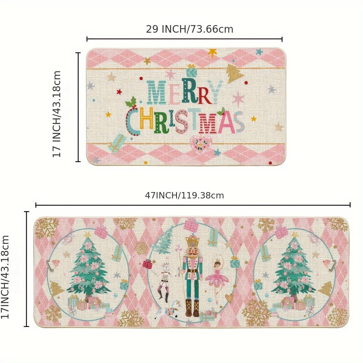 2pcs Diamond Plaid Nutcracker Merry Christmas Kitchen Mats Footprints, Winter Decor Low-Profile Kitchen Rugs For Floor - 17x29 And 17x47 Inch