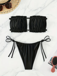 [Ruched Bra Top Bikini] Two Piece Ruched Bra Top Bikini Swimsuit - Double Drawstring Bandeau Tie Side High Cut - Women's Swimwear
