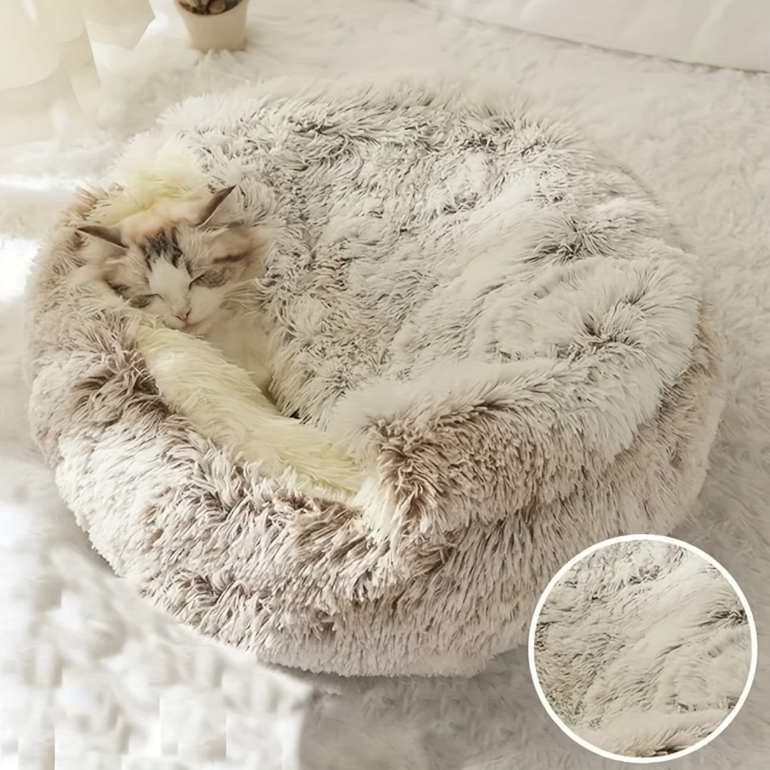 2 in 1 Round Warm Pet Bed House Polyester Cat Bed, Long Plush, Winter, with Sleeping Bag Sofa Cushion for Cat