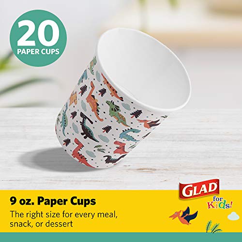 Glad for Kids Dinosaur Paper Cups|20 Count White Paper Cups with Dinosaur Design for Kids|Heavy Duty Disposable Paper Cups for Everyday, 9 Ounces, 20 Count|Dinosaur Birthday Supplies, Dinosaur Cups