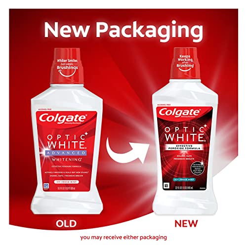 Colgate Optic White Whitening Mouthwash with Hydrogen Peroxide, Alcohol Free, Icy Fresh Mint - 32 fluid ounces (3 Pack)