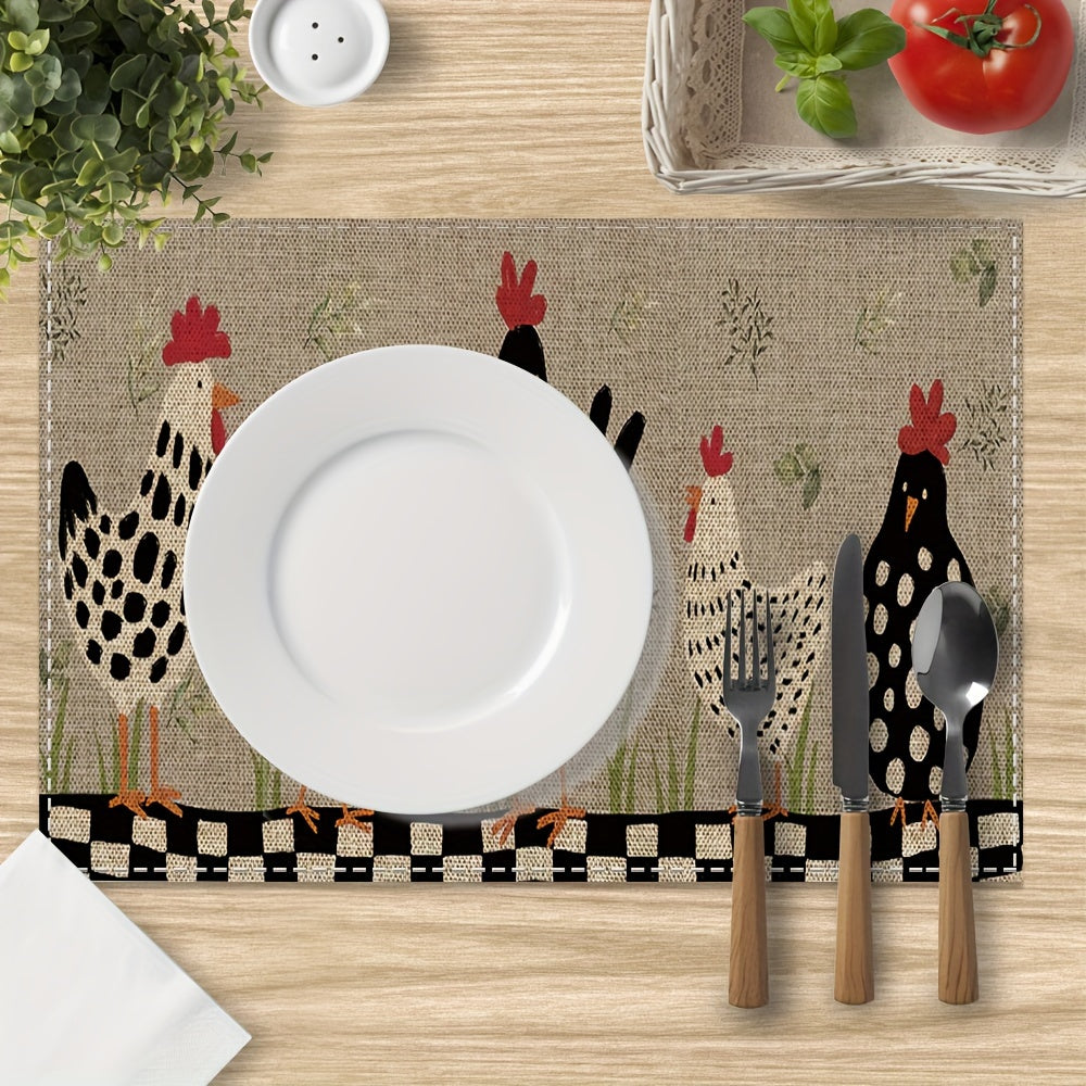 Farmhouse Rooster Kitchen Mats (2/4pcs) - Non-Slip, Washable Linen Placemats, Perfect for Dining & Home Decor, 12x18 Inches