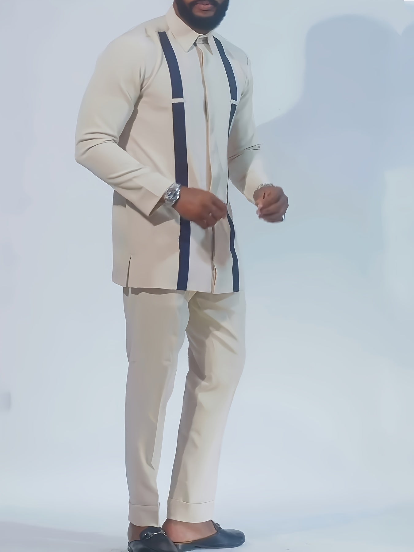 [2-Piece African Dashiki Suit] African Dashiki Men'S Suit  Long-Sleeved Top  Cardigan  Lapel  Patch  Hem Slit  Elastic Pants African Clothing  Men'S Casual Shirt And Trousers 2-Piece Set  Four Seasons New 1 Set Street Style