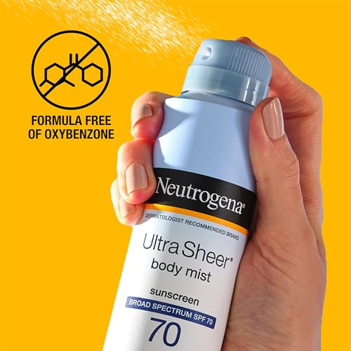 Neutrogena Ultra Sheer Body Mist SPF 70 Sunscreen Spray, Broad Spectrum UVA/UVB Protection, Lightweight, Non-Greasy Water Resistant Body Sunscreen Mist, Non-Comedogenic, 5 oz