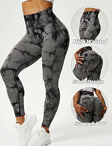 VOYJOY Tie Dye Seamless Leggings for Women High Waist Yoga Pants, Scrunch Butt Lifting Elastic Tights Black Gray