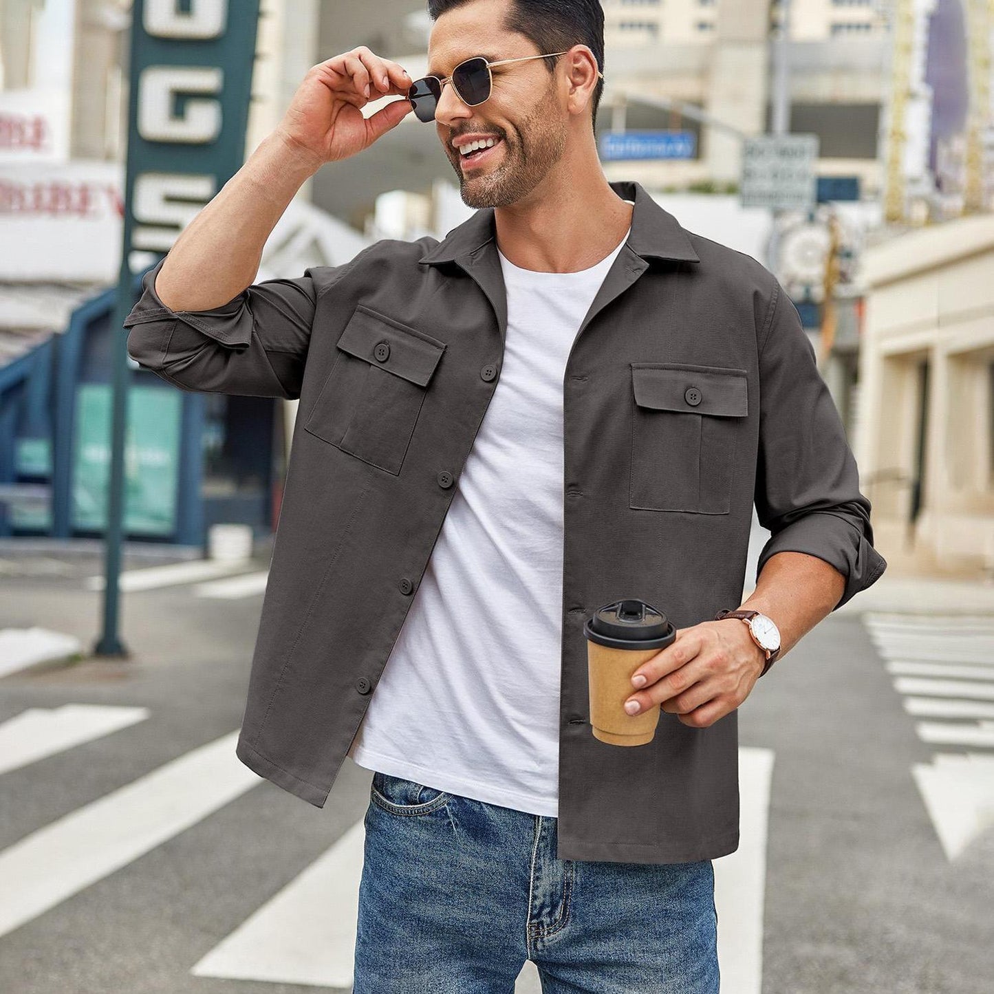 Men's Casual Shirt Jacket Linen Shacket Lightweight Work Coat Button Down Overshirt