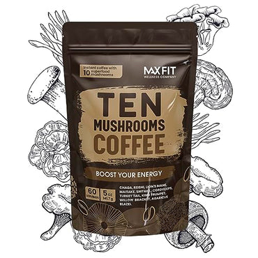Mushroom Coffee Organic (60 Servings) 10 Mushrooms (Lion’s Mane, Cordyceps, Turkey Tail & Other) Mixed With Gourmet Arabica Instant Immune Boosting Coffee for Focus & Gut Health Support