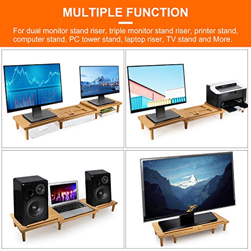 Pezin & Hulin Computer Monitor Stands for Desk, Dual Monitor Stand Riser, Desktop Oraganizer 3 Shelf with Storage, Adjustable Length and Angle, for Laptop, Screen, Printer, Bamboo