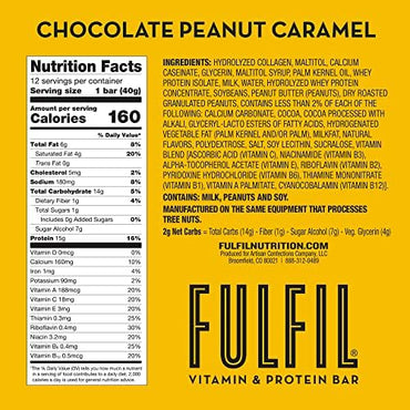 FULFIL Vitamin and Protein Bars, Chocolate Peanut and Caramel, Snack Sized Bar with 15 g Protein and 8 Vitamins Including Vitamin C, 12 Count