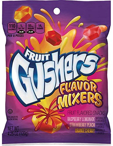 Fruit Gushers, Flavor Mixers Fruit Flavored snacks- Naturally Flavored Raspberry Lemonade, Strawberry Peach, Orange Cher