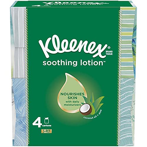 Kleenex Soothing Lotion Tissues with Aloe, Coconut Oil and Vitamin E, 4 cube boxes, 1 Cube Box containe 85 Tissues. Total of 340 Tissues. Assortment Colors.