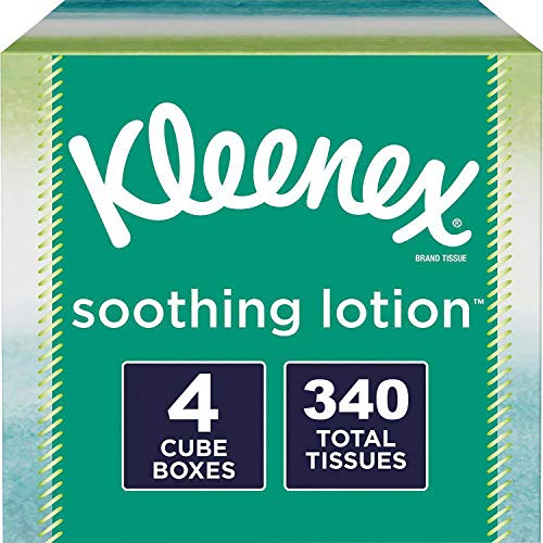 Kleenex Soothing Lotion Tissues with Aloe, Coconut Oil and Vitamin E, 4 cube boxes, 1 Cube Box containe 85 Tissues. Total of 340 Tissues. Assortment Colors.