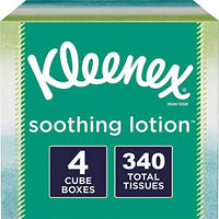 Kleenex Soothing Lotion Tissues with Aloe, Coconut Oil and Vitamin E, 4 cube boxes, 1 Cube Box containe 85 Tissues. Total of 340 Tissues. Assortment Colors.