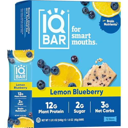 IQBAR Brain and Body Plant Protein Bars - Lemon Blueberry - 12 Count, Low Carb, High Fiber, Gluten Free, Healthy Vegan Snacks - Low Sugar Keto Bar