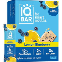 IQBAR Brain and Body Plant Protein Bars - Lemon Blueberry - 12 Count, Low Carb, High Fiber, Gluten Free, Healthy Vegan Snacks - Low Sugar Keto Bar