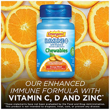 Emergen-C Immune+ Chewables 1000mg Vitamin C with Vitamin D Tablet, Immune Support Dietary Supplement for Immunity, Orange Blast Flavor - 42 Count