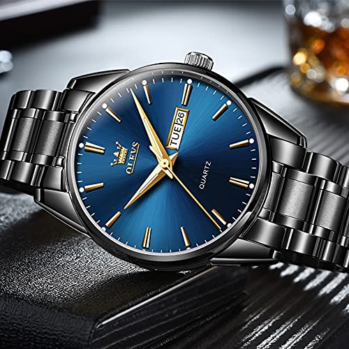 Day Date Watches Men,Black Steel Blue Men Watch,Big Face Men Watch,Luxury Men Watches,Black Steel Watch Man Waterproof,Luminous Men Watch,Male Watches,Men Dress Watch for Men,Classic Steel Wristwatch