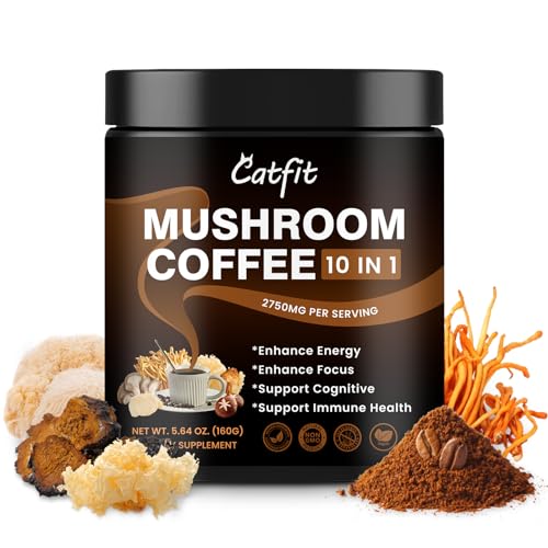 Mushroom Coffee Powder, 10 Mushroom Blend- Lion's Mane, Chaga, Cordyceps, Brain Supplements with Arabica Coffee, Ashwagandha, L-Theanine for Energy, Focus, Memory and Immunity, 50 Serving