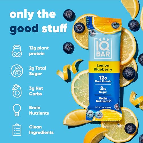 IQBAR Brain and Body Plant Protein Bars - Lemon Blueberry - 12 Count, Low Carb, High Fiber, Gluten Free, Healthy Vegan Snacks - Low Sugar Keto Bar