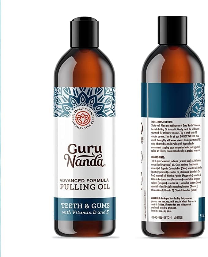 GuruNanda Advanced Oil Pulling with Tongue Scraper - Natural Alcohol-Free Mouthwash with Coconut Oil, Vitamins D & E for Healthy Teeth & Gums(8 Fl Oz)