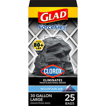 Glad Trash Bags, Large Drawstring Garbage Bags ForceFlex with Clorox, 30 Gallon, Mountain Air, 25 Count