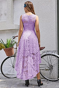 MUADRESS Women's Elegant Floral Lace Dress Sleeveless Crew Neck Hi-Lo Cocktail Prom Dress for Evening Party Lavender L