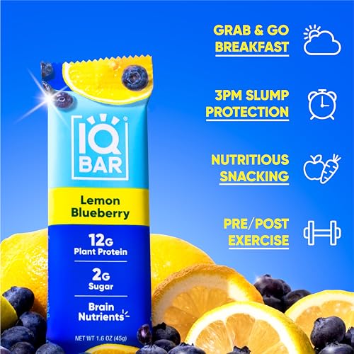 IQBAR Brain and Body Plant Protein Bars - Lemon Blueberry - 12 Count, Low Carb, High Fiber, Gluten Free, Healthy Vegan Snacks - Low Sugar Keto Bar