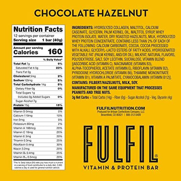 FULFIL Vitamin and Protein Bars, Hazelnut, Snack Sized Bar with 15 g Protein and 8 Vitamins Including Vitamin C, 12 Count