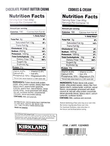 Kirkland Signature Protein Bar Variety Pack 20 Count Chocolate Peanut Butter Chunk & Cookies and Cream Gluten Free 21-22g of Protein 2g Sugar No Artificial Flavors Whey Protein Isolate