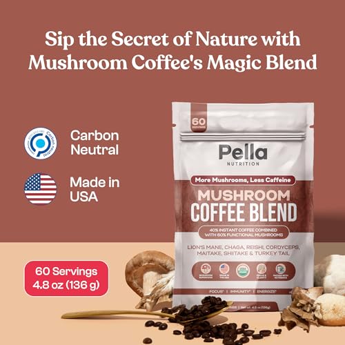 Organic Low-Caffeine Mushroom Coffee (60 Servings) with 7 Superfood Mushrooms, Great Tasting Colombian Instant Coffee, Includes Lion's Mane, Reishi, Chaga, Cordyceps, Shiitake, Maitake, and Turkey Tail