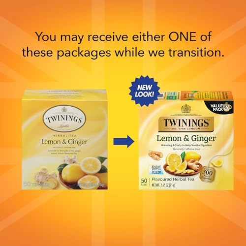 Twinings Lemon & Ginger Herbal Tea, 50 Count (Pack of 6), Individually Wrapped Bags, Tangy Lemon & Spicy Ginger, Decaffeinated, Enjoy Hot or Iced