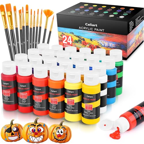 Caliart Acrylic Paint Set With 12 Brushes, 24 Colors (59ml, 2oz) Art Craft Paints Gifts for Artists Kids Beginners & Painters, Halloween Pumpkin Canvas Ceramic Rock Painting Kit Art Supplies