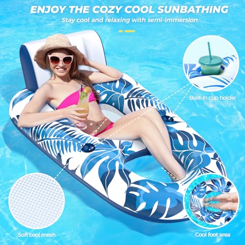 JCLEAL Pool Floats Lounger, Inflatable Pool Floaties Rafts Adult Extra Large Recliner Tanning Lounge Chair Water Floaty with Backrest Footrest Cup Holder for Swimming Pool Beach Lake and Vacation