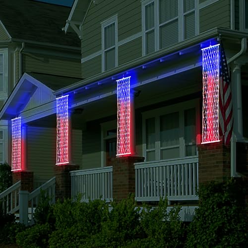 BlcTec 4th of July Decorations, 2 PCS American Flag Lights with 160 LED Red White Blue Lights, 8 Modes, Timer, Waterproof Patriotic Flag Banner for Independence Day, Memorial Day, July 4th Porch Décor