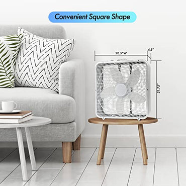 Comfort Zone Box Fan with Carry Handle, 20 inch, 3 Speed Full-Force Air Circulation with Air Conditioner, Floor Fan, Bedroom Fan, Airflow 15.03 ft/sec, Ideal for Home, Bedroom & Office, CZ200A