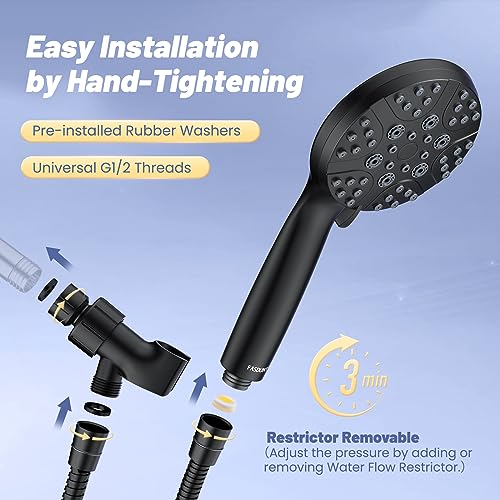 FASDUNT High Pressure Shower Head with Handheld, 8-mode Shower Heads with 80" Extra Long Stainless Steel Hose & Adjustable Bracket, Built-in Power Wash to Clean Tub, Tile & Pets - Black