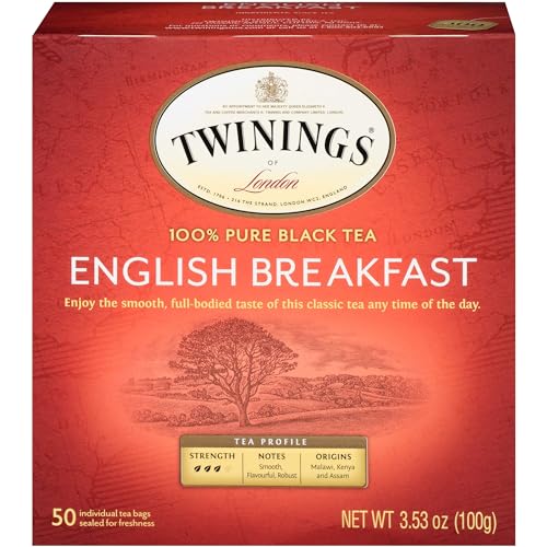 Twinings English Breakfast Individually Wrapped Tea Bags, 50 Count (Pack of 6), Flavourful, Robust Caffeinated Black Tea, Enjoy Hot or Iced